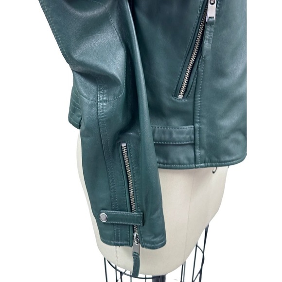 VTG Liebeskind Berlin Green Leather Jacket Sz L Poly Lined Adjustable Waist - Picture 5 of 10